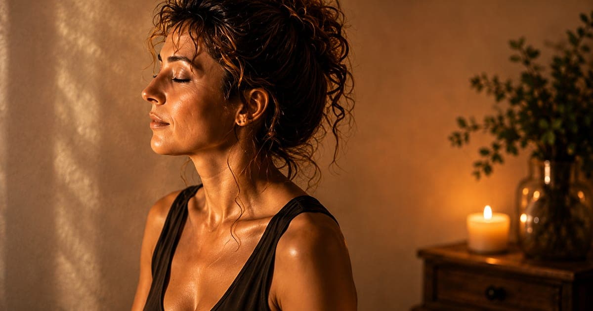 Une femme apaisée, les yeux fermés, dans une lumière douce